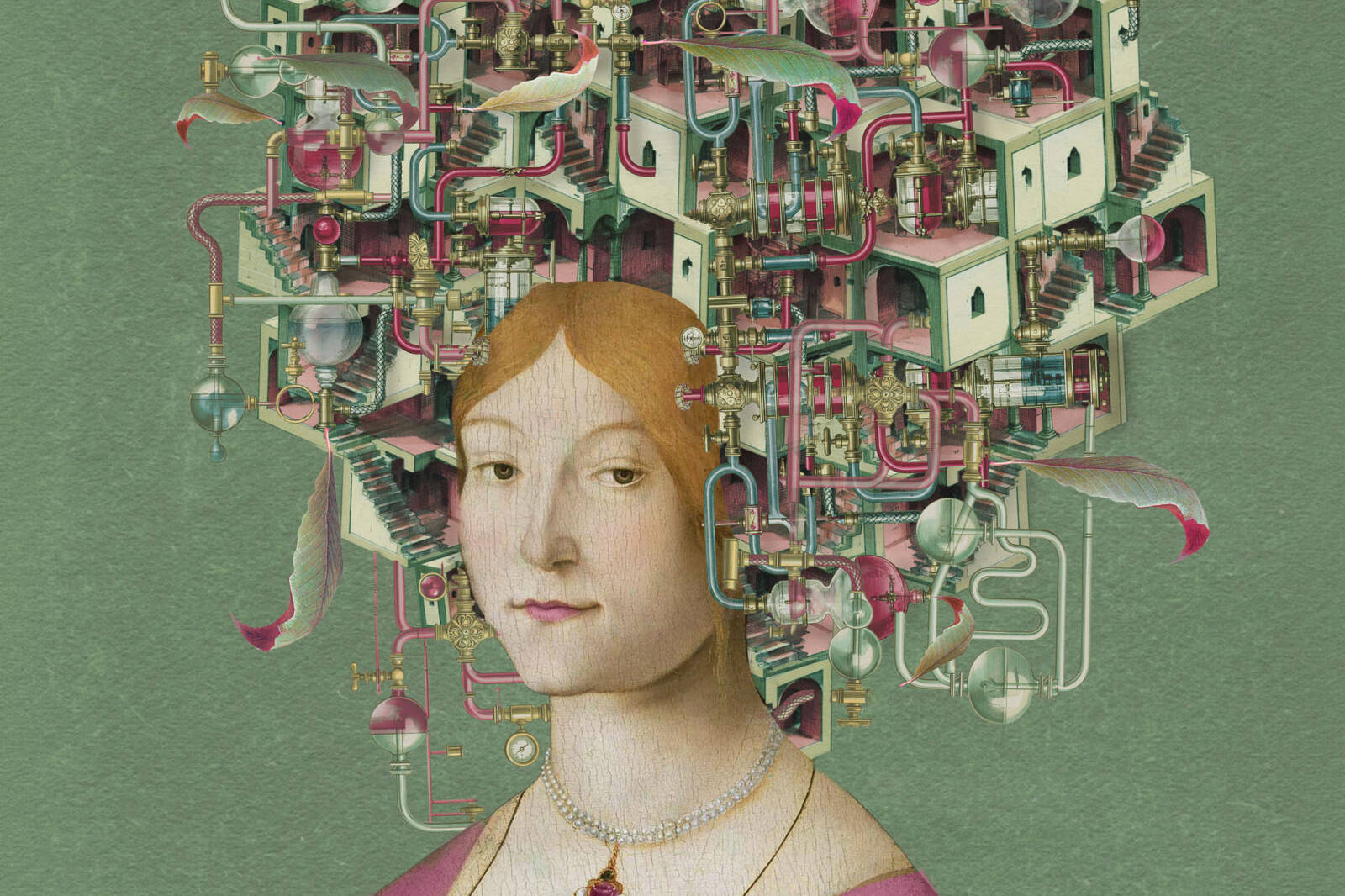Digital collage portrait with architectural structures and electronic circuits.